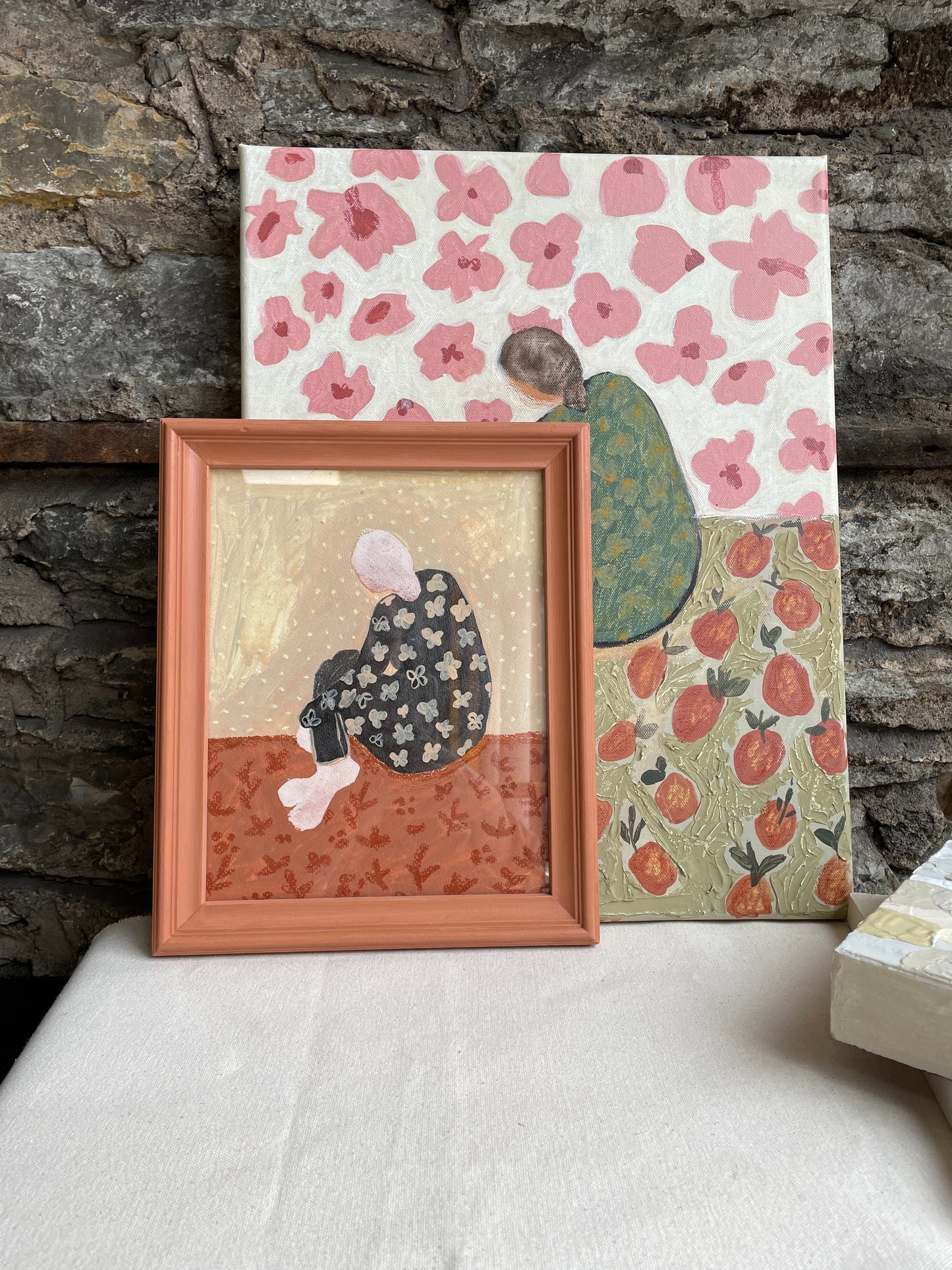 Artwork featuring a shy lady surrounded by beautiful bohemian florals