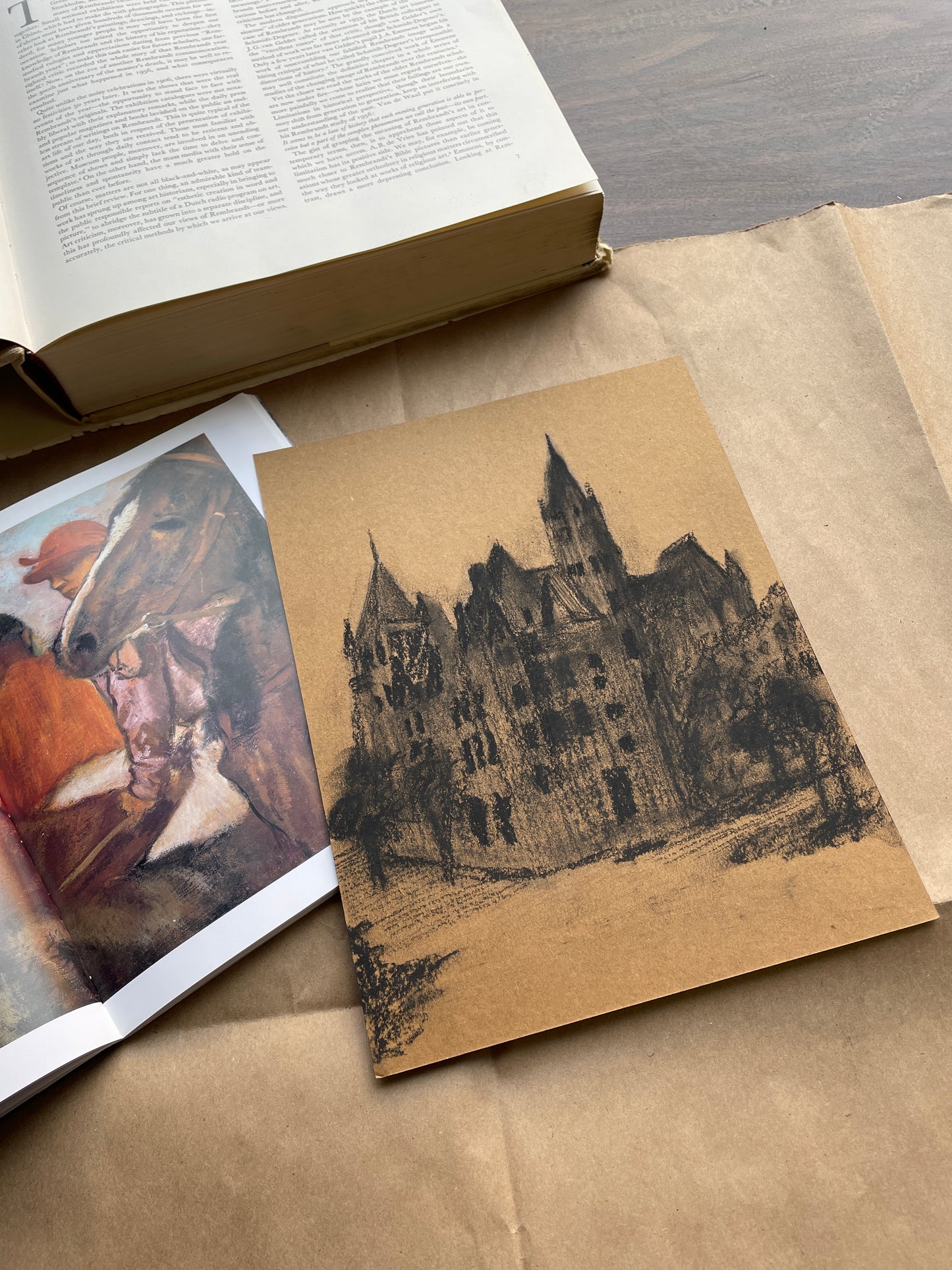 X SOLD Charcoal architectural sketch on craft paper. Original drawing.