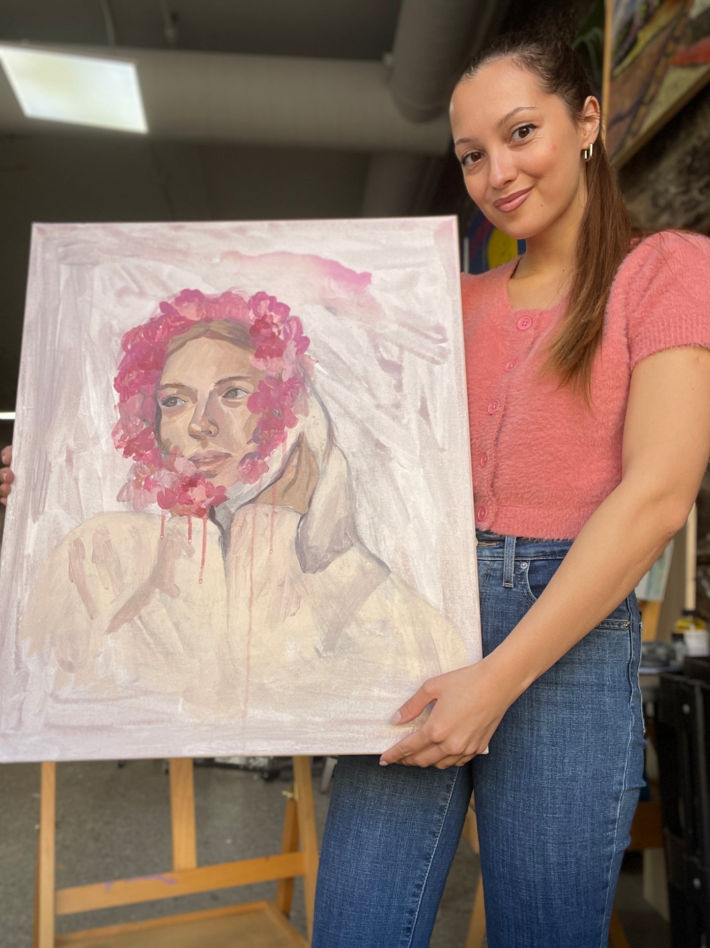 Floral Portrait in acrylics painted on Stretched Canvas.