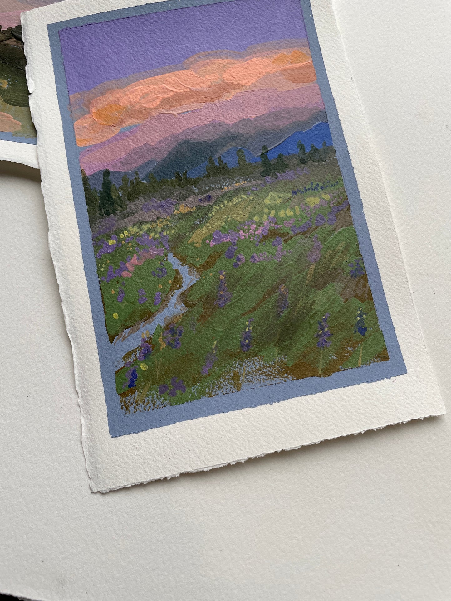 X SOLD Lavender landscape. Acrylics on heavy watercolor paper.