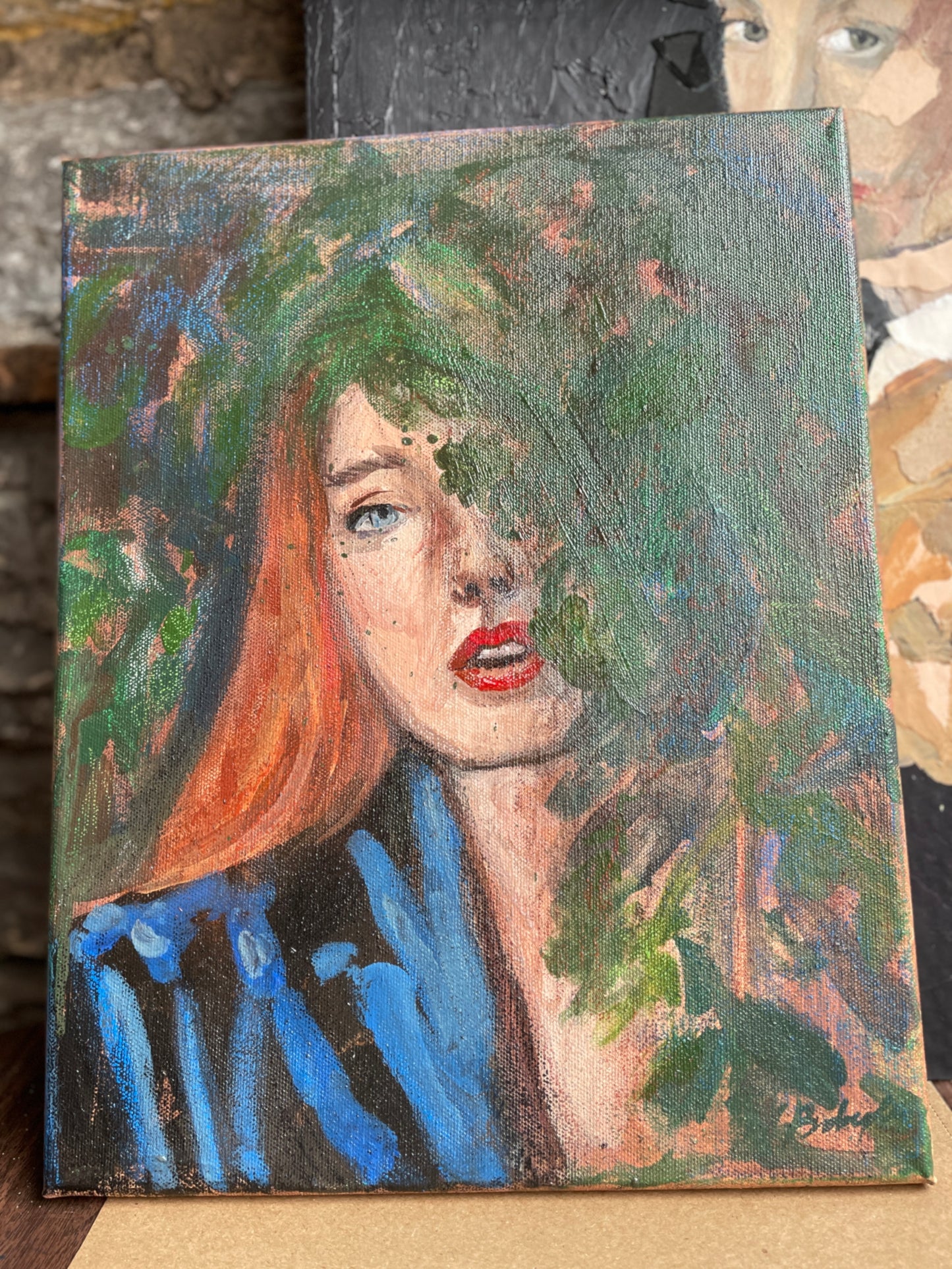 In the rain. Portrait. Acrylics on stretched canvas. Unique gift.