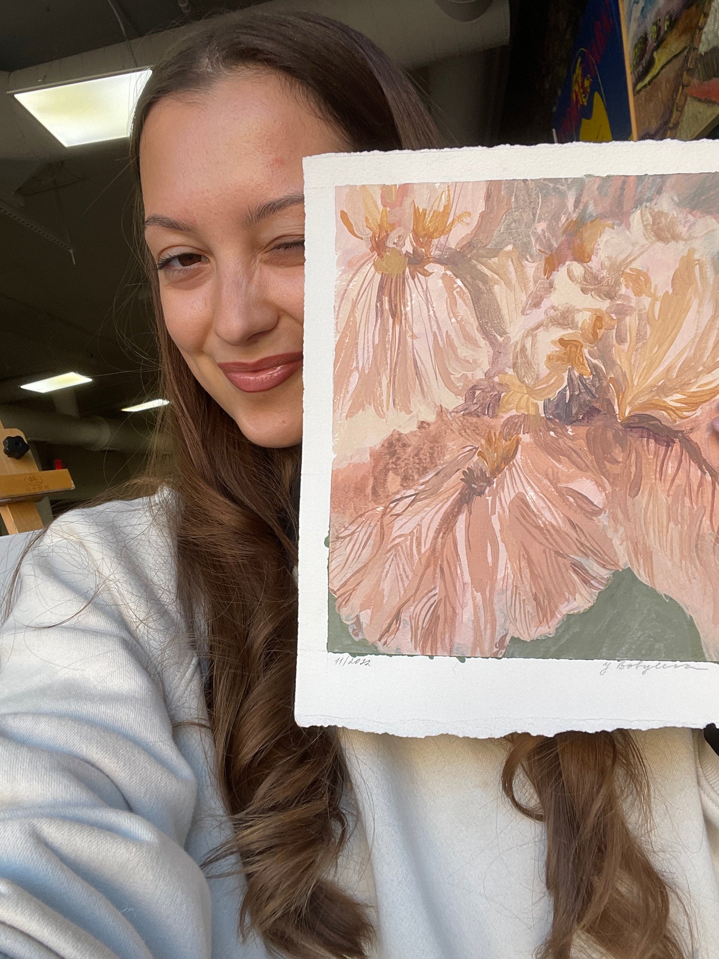 X SOLD Irises. Floral painting in acrylics on paper.