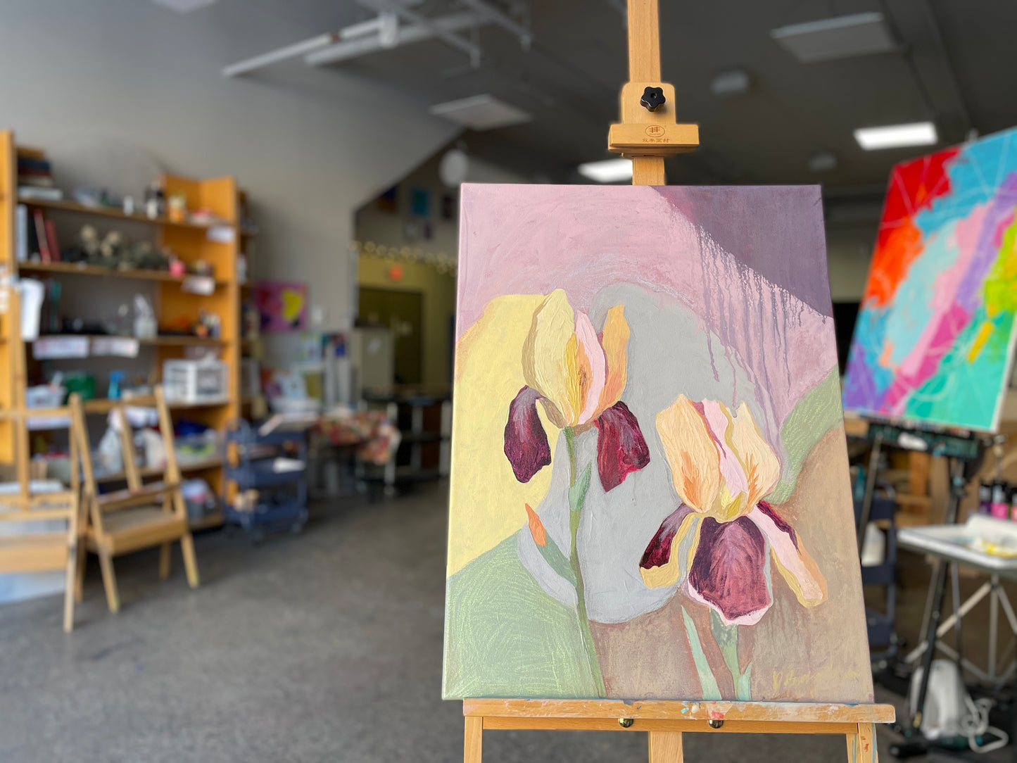 Floral Painting. Pink and Yellow Irises on stretched canvas. Wall Art. Home decor.