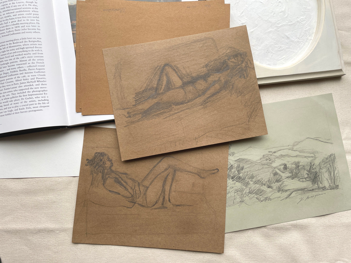 Original black and white drawing of lounging woman