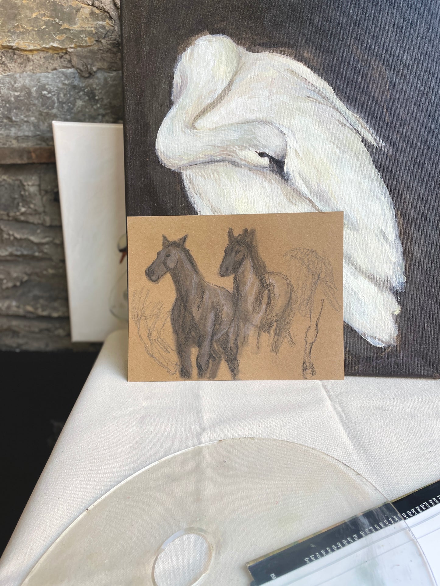 Graphite and Charcoal Sketch of Running Horses