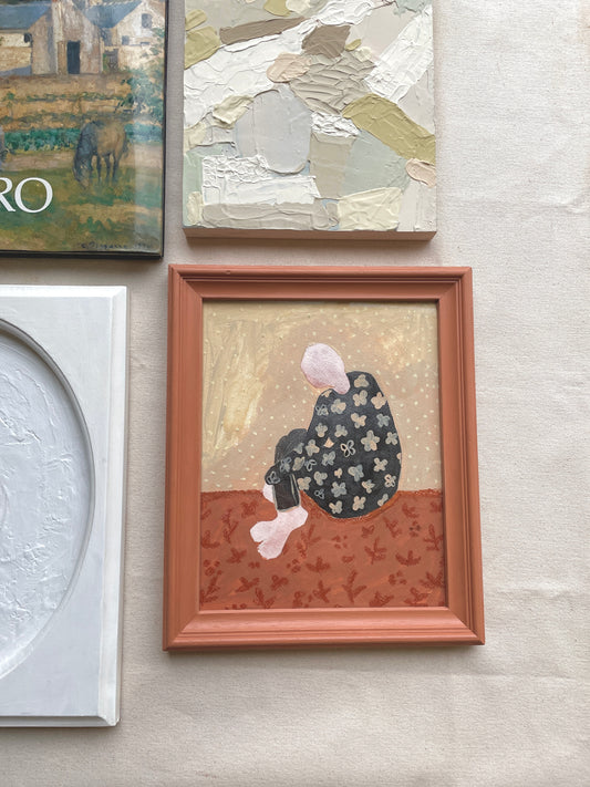 Mixed media artwork with shy lady and boho floral prints