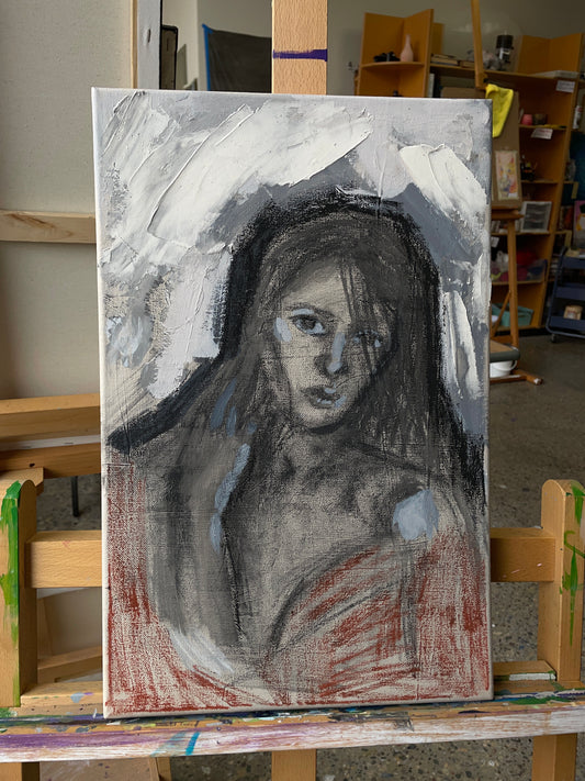 The charcoal portrait. Mixed media on stretched canvas.