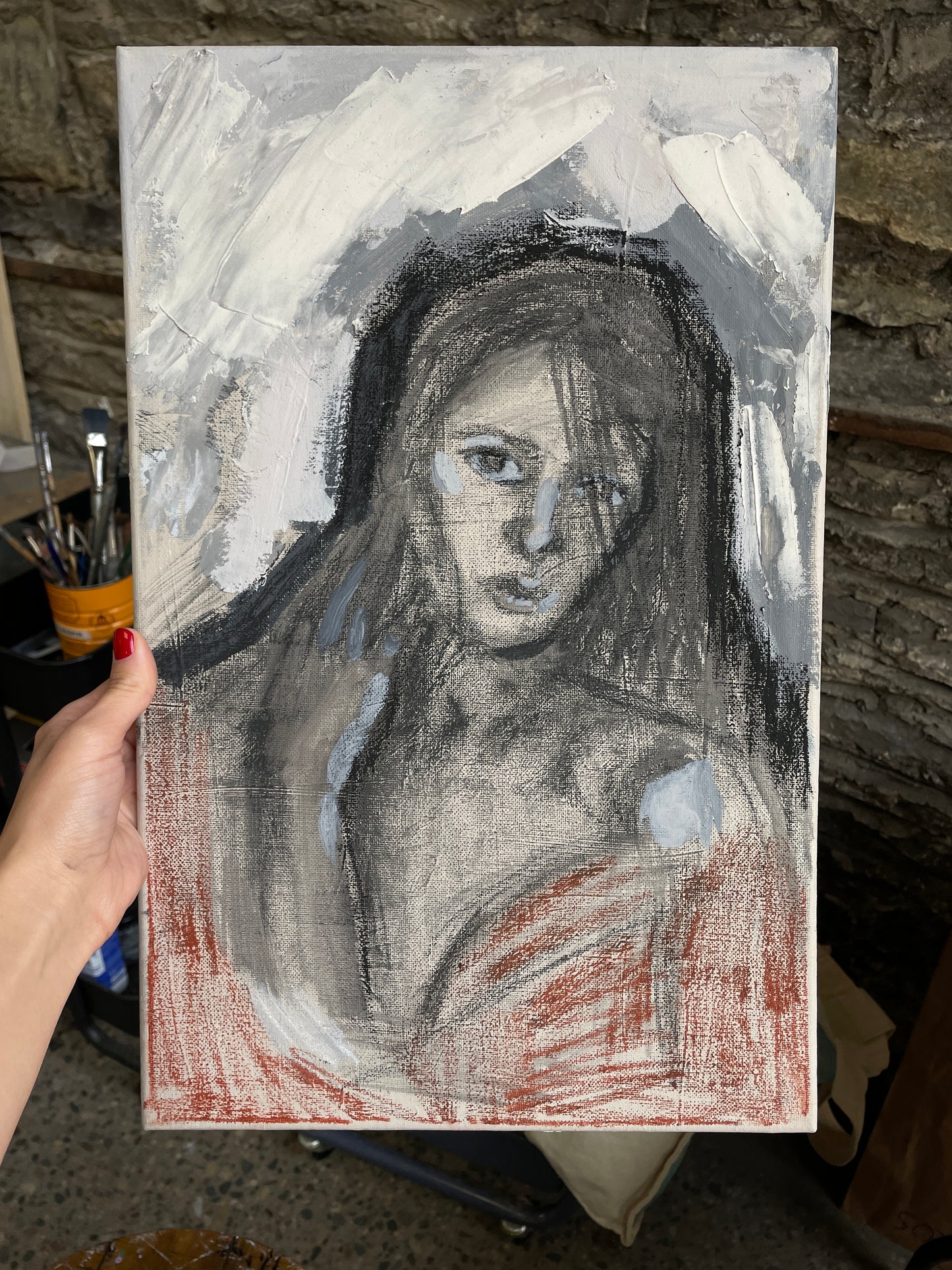 The charcoal portrait. Mixed media on stretched canvas.