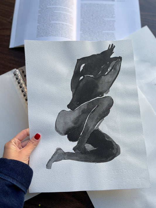 X SOLD Silhouette in ink hand-painted on watercolor paper.