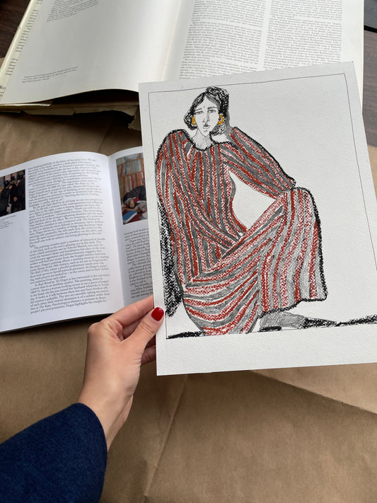 X SOLD Mixed Media Illustration. Figure Drawing. Sitting Lady in stripes.