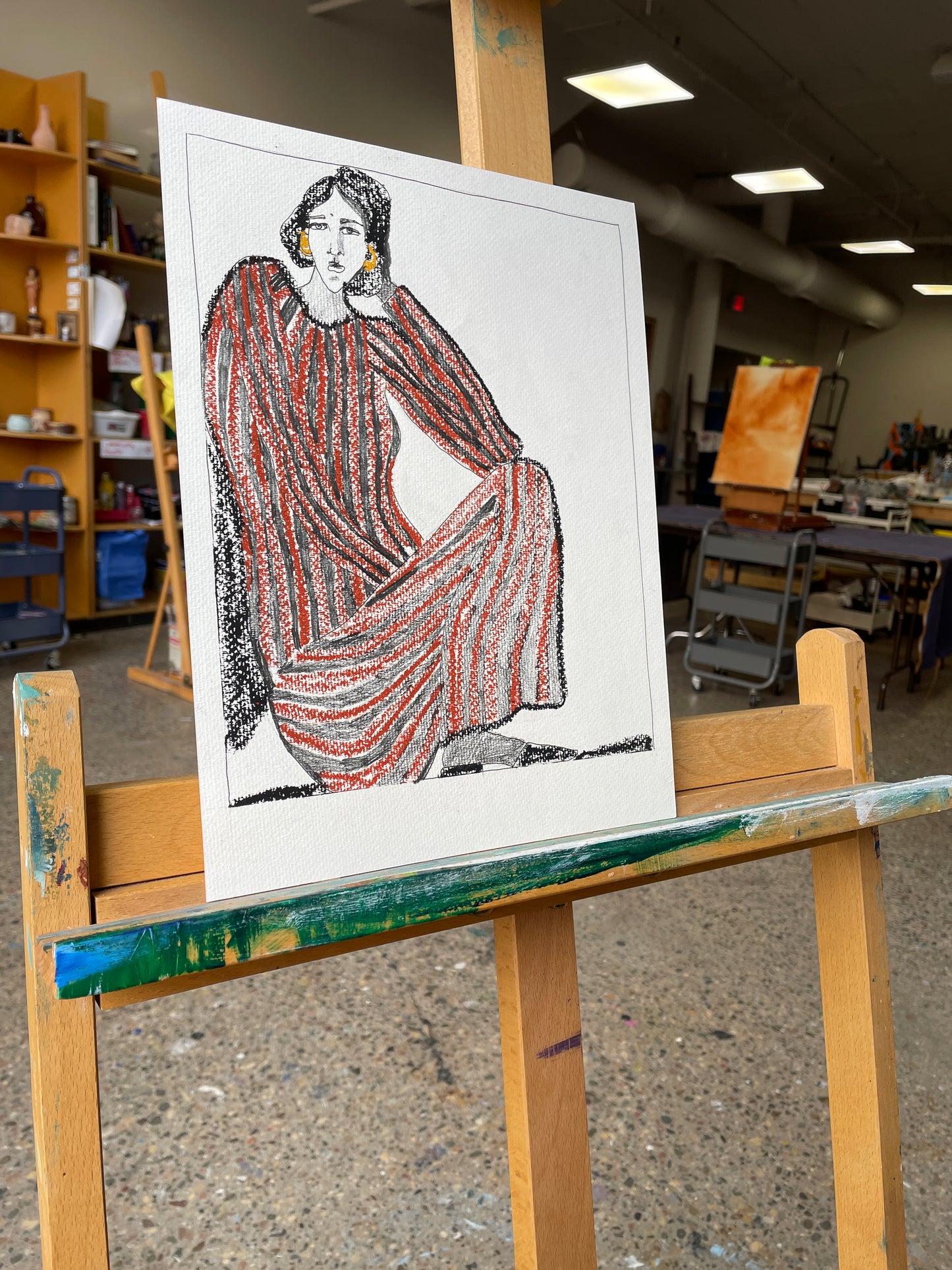 X SOLD Mixed Media Illustration. Figure Drawing. Sitting Lady in stripes.