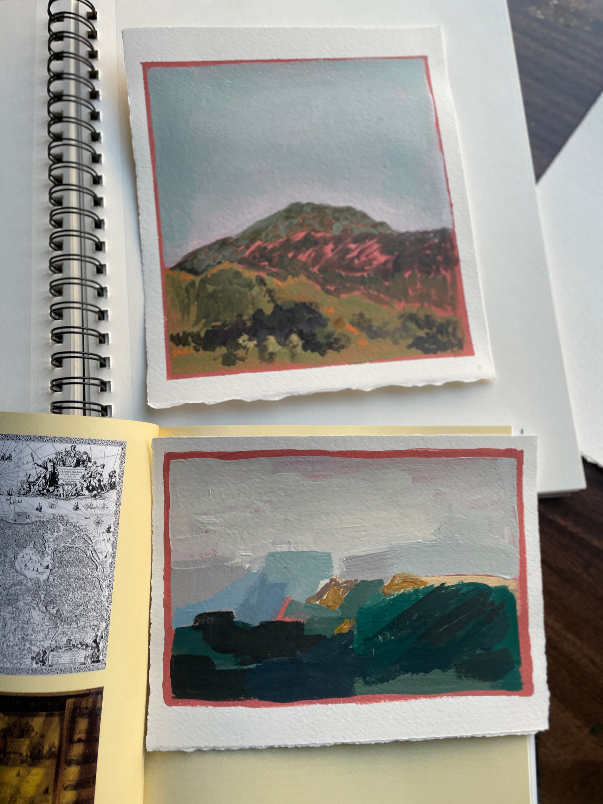 "Hand-painted California mountains with greenery and red underpainting"