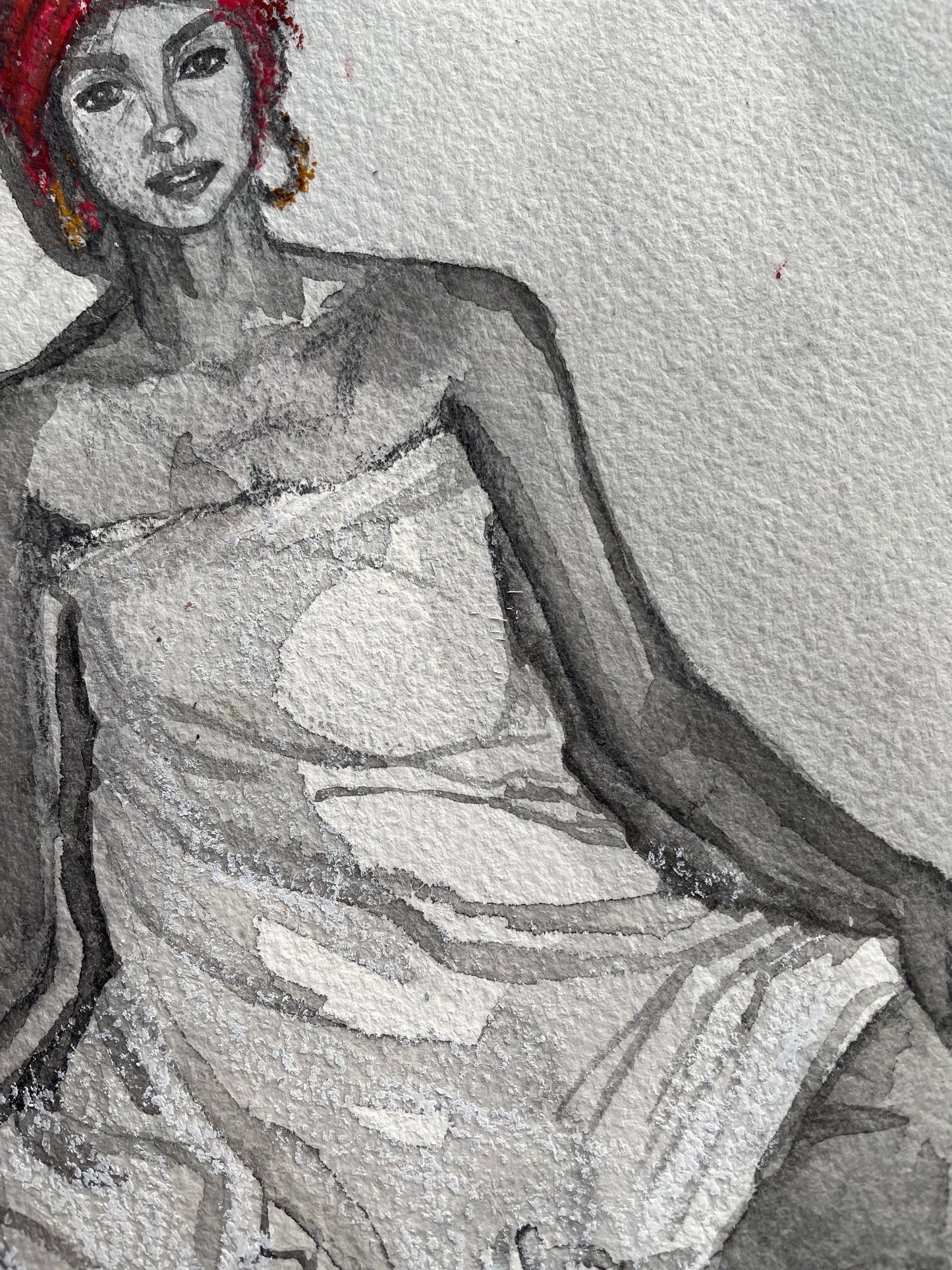 Ink and pastel painting of woman in towel sitting on watercolor paper