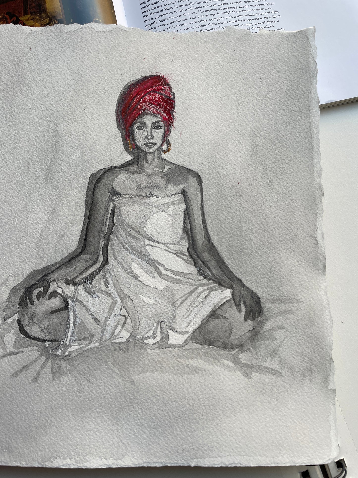 Mixed media portrait of woman sitting in towel on white watercolor paper