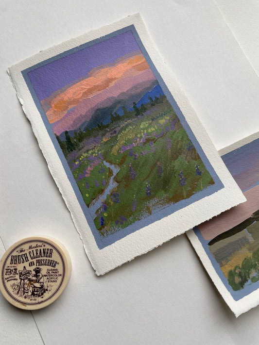 X SOLD Lavender landscape. Acrylics on heavy watercolor paper.