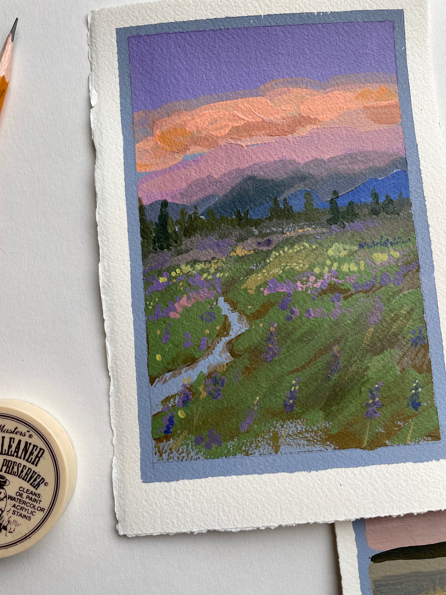 X SOLD Lavender landscape. Acrylics on heavy watercolor paper.