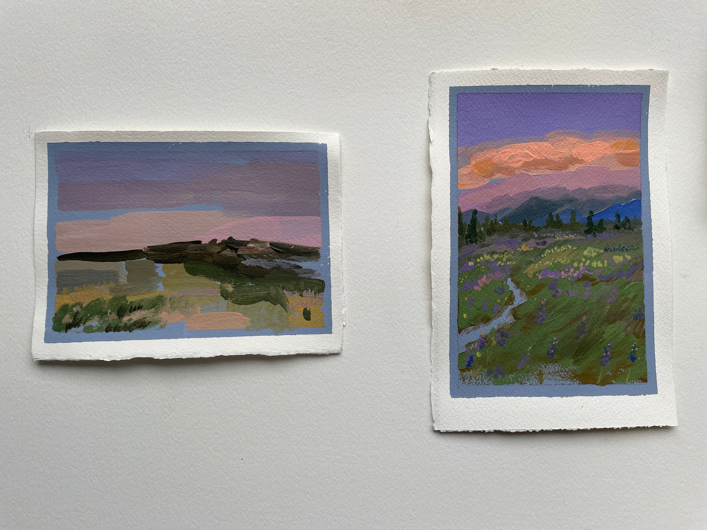 X SOLD Set of two lavender landscape paintings.