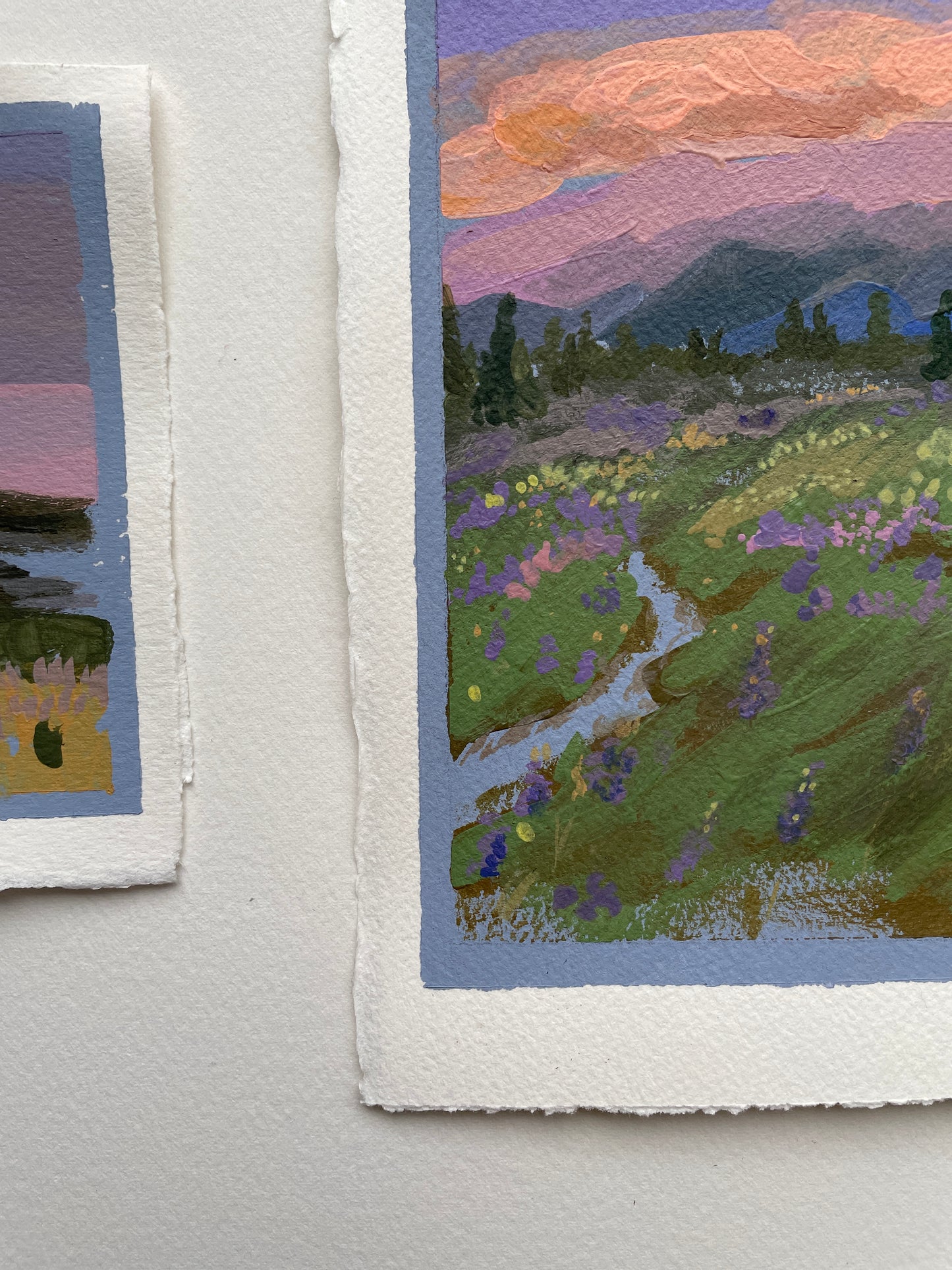 X SOLD Lavender landscape. Acrylics on heavy watercolor paper.