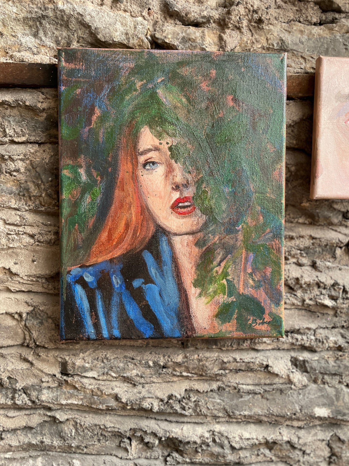 In the rain. Portrait. Acrylics on stretched canvas. Unique gift.