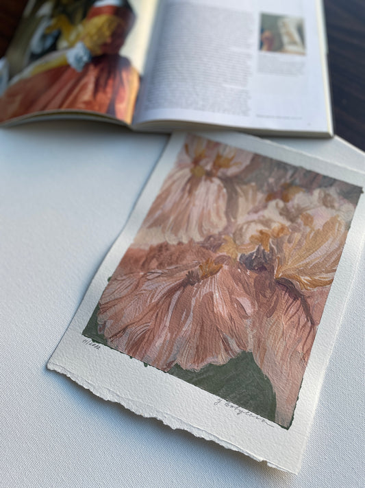 X SOLD Irises. Floral painting in acrylics on paper.
