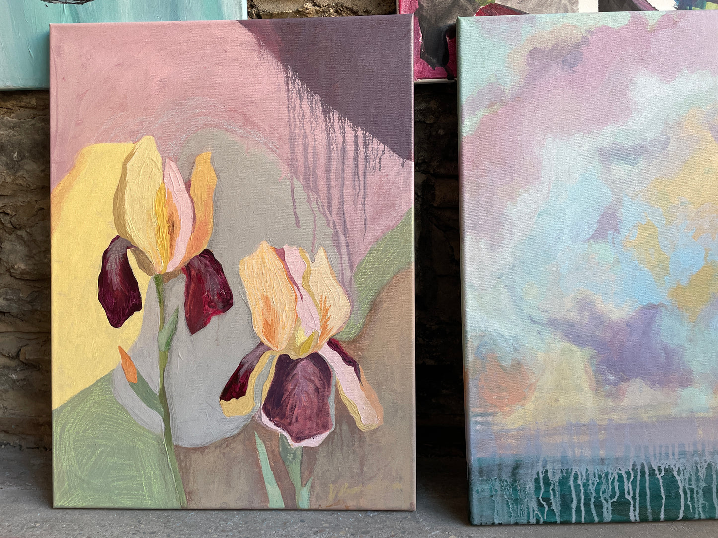 Floral Painting. Pink and Yellow Irises on stretched canvas. Wall Art. Home decor.