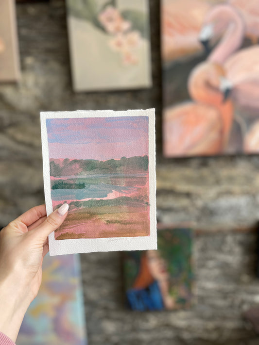 X SOLD Sunset Landscape. Acrylics on watercolor paper.