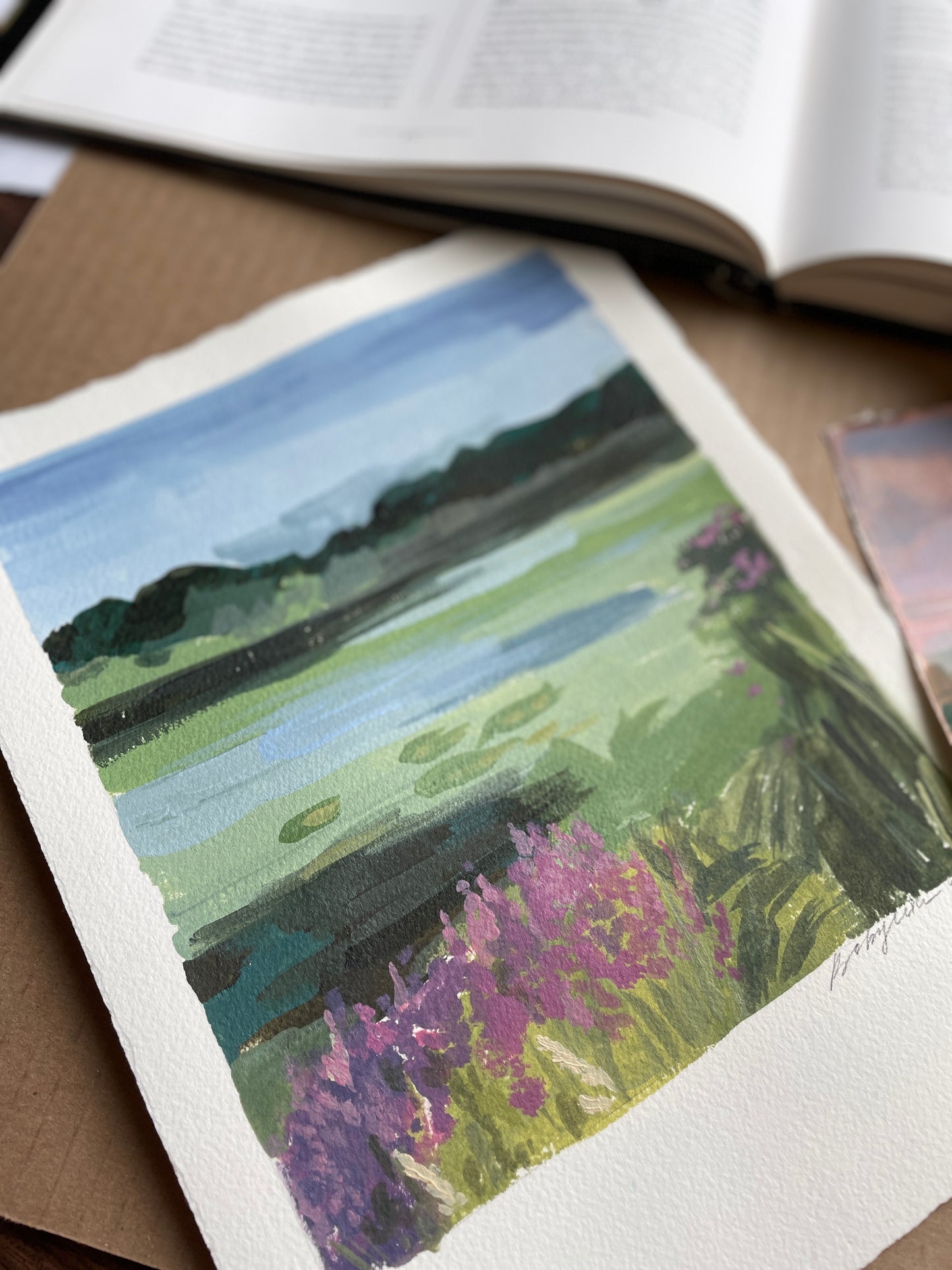 Lake landscape. Painting on paper.