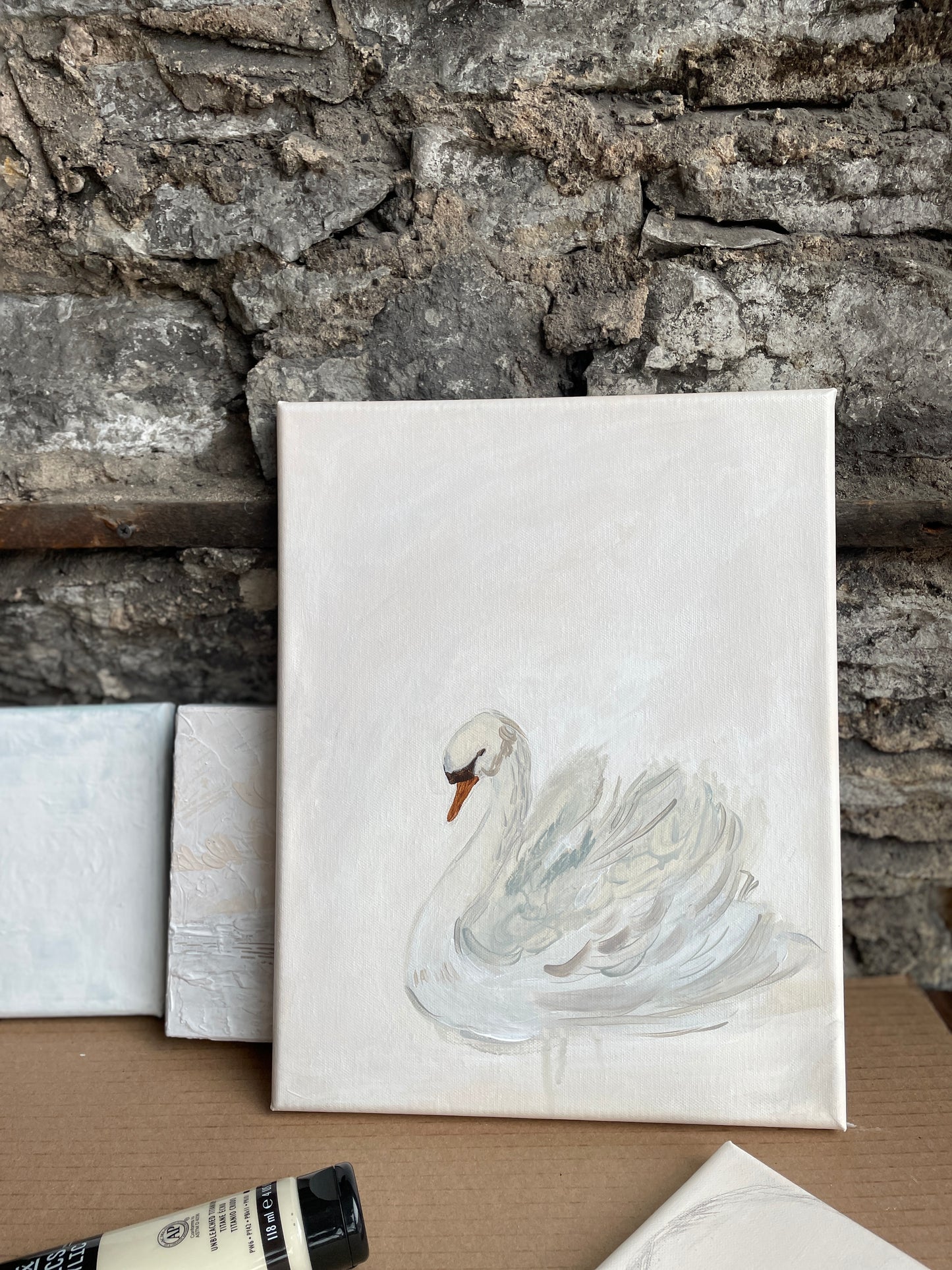 X SOLD Swan in beige. Painting in acrylics on stretched canvas.