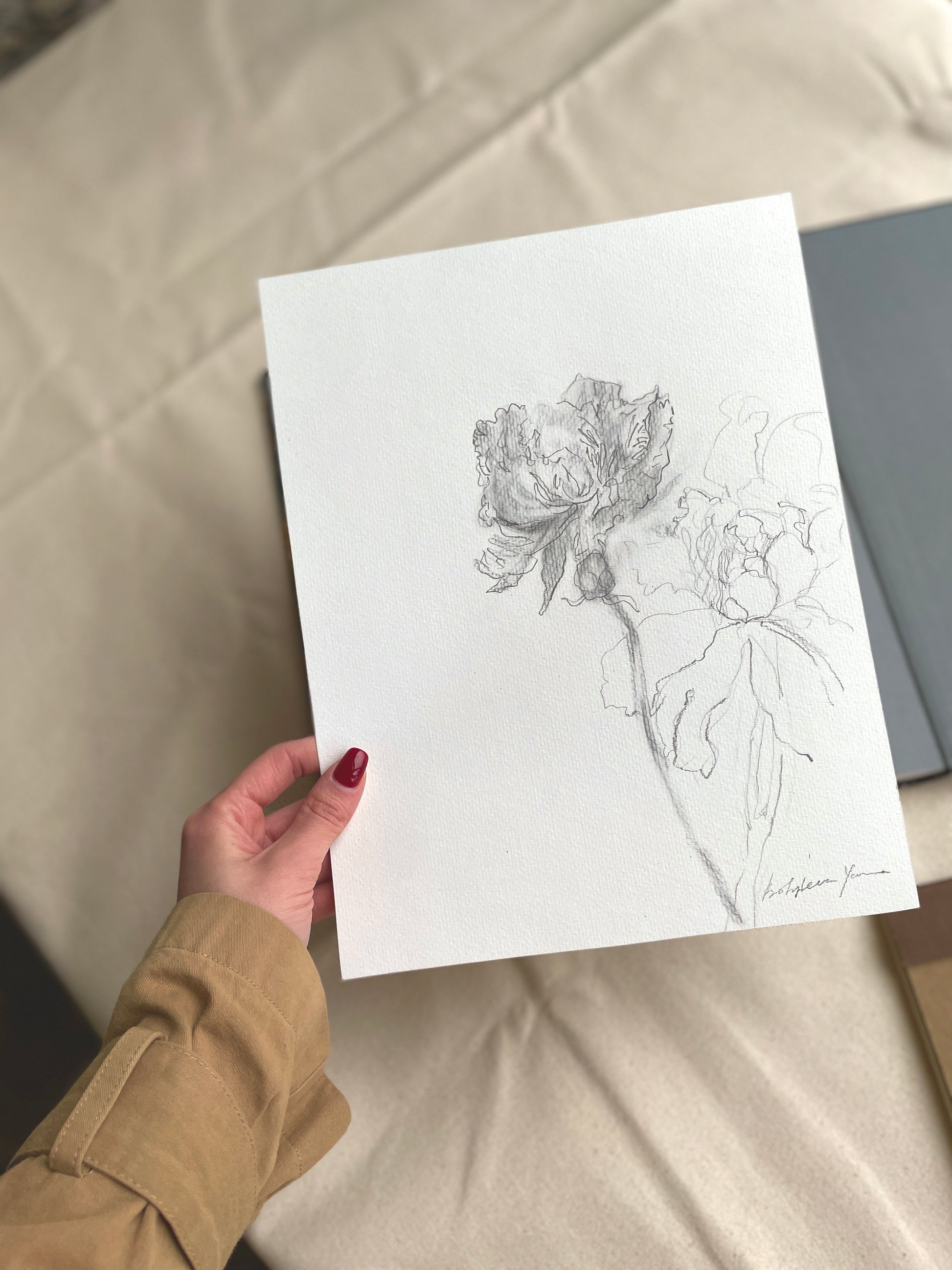 Fine art floral drawing for nursery or workspace