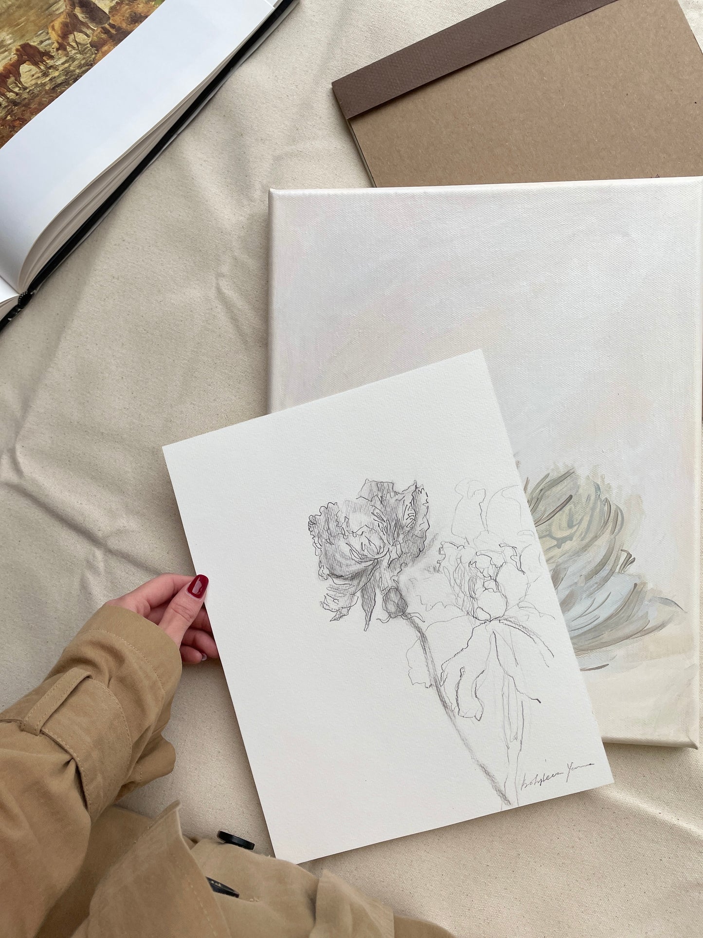 Artistic depiction of natural peony beauty on beige paper