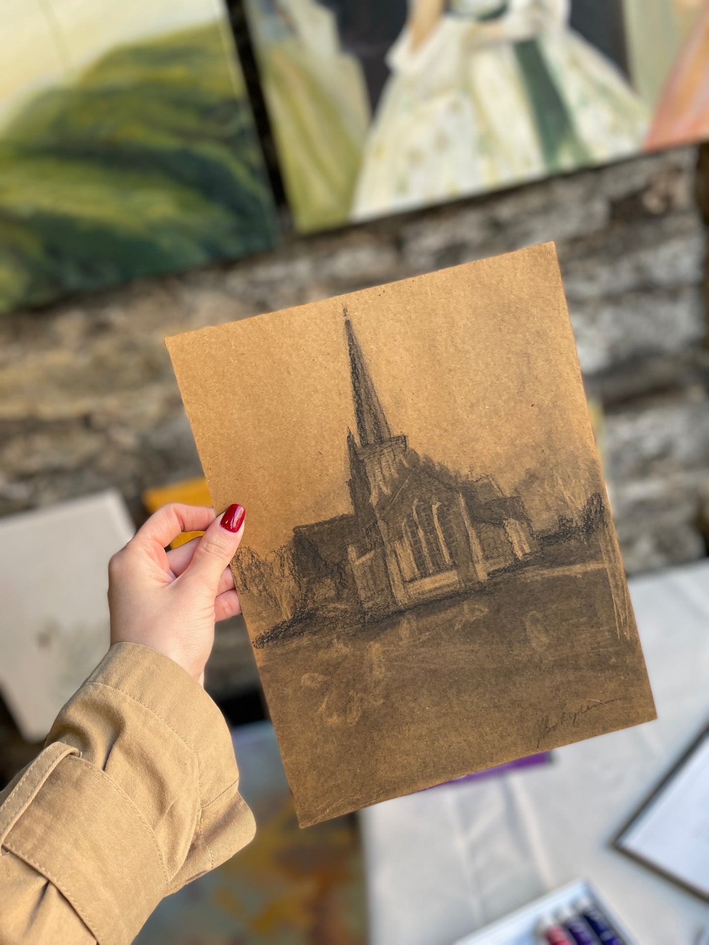 Beautifully textured charcoal drawing of church