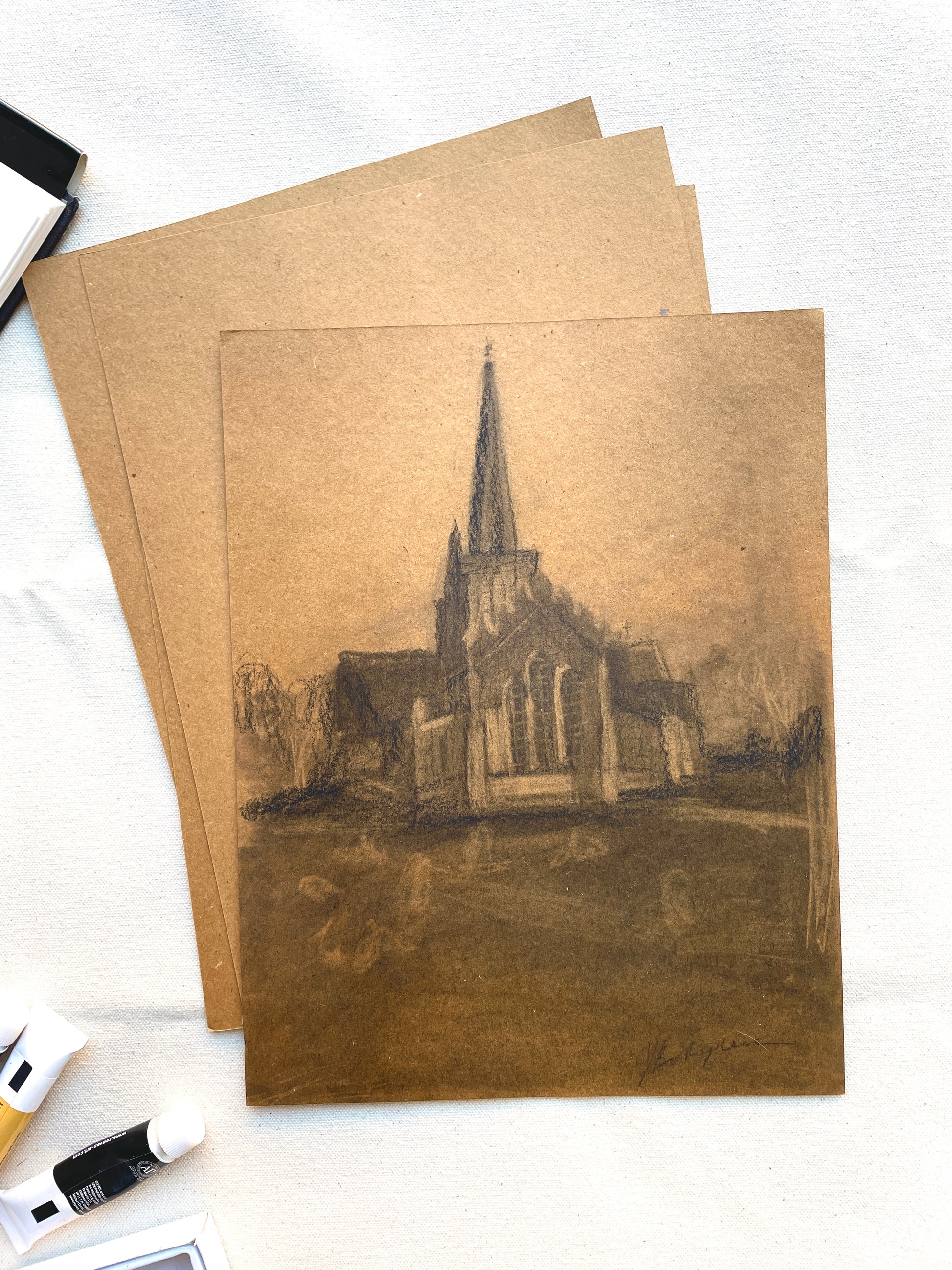 Expertly drawn church illustration on craft paper