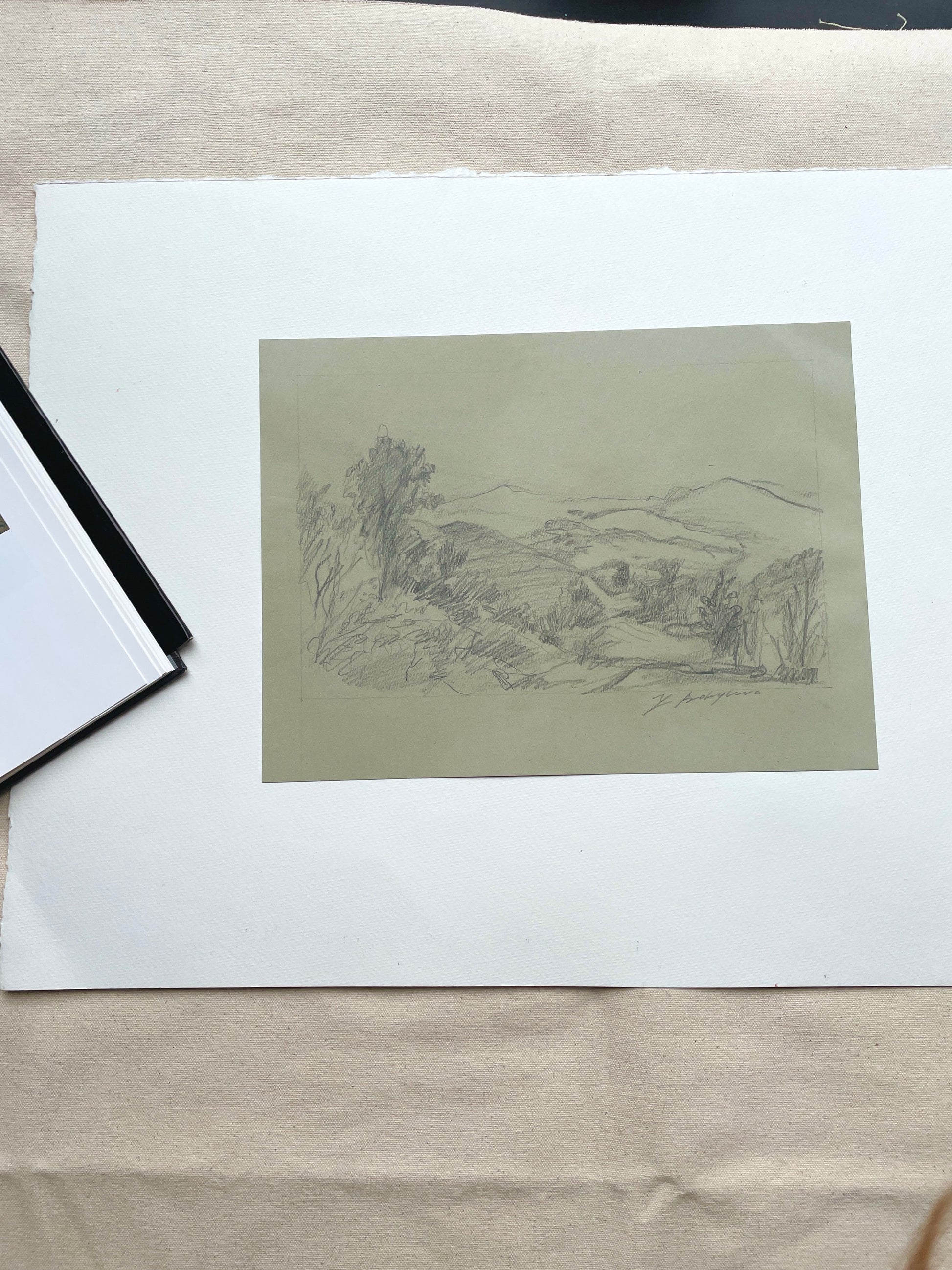 Early morning view of hills and trees in pencil