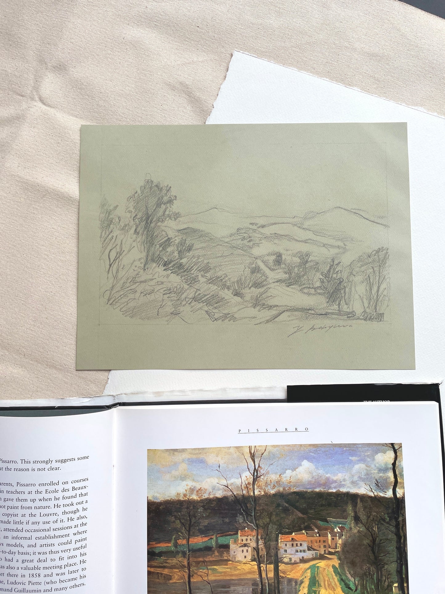 Peaceful landscape drawing in pencil and pastel