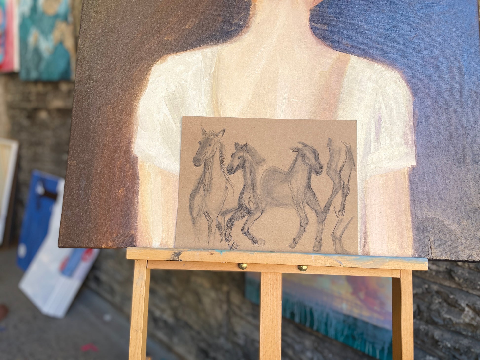 Equine study in motion on rustic craft paper