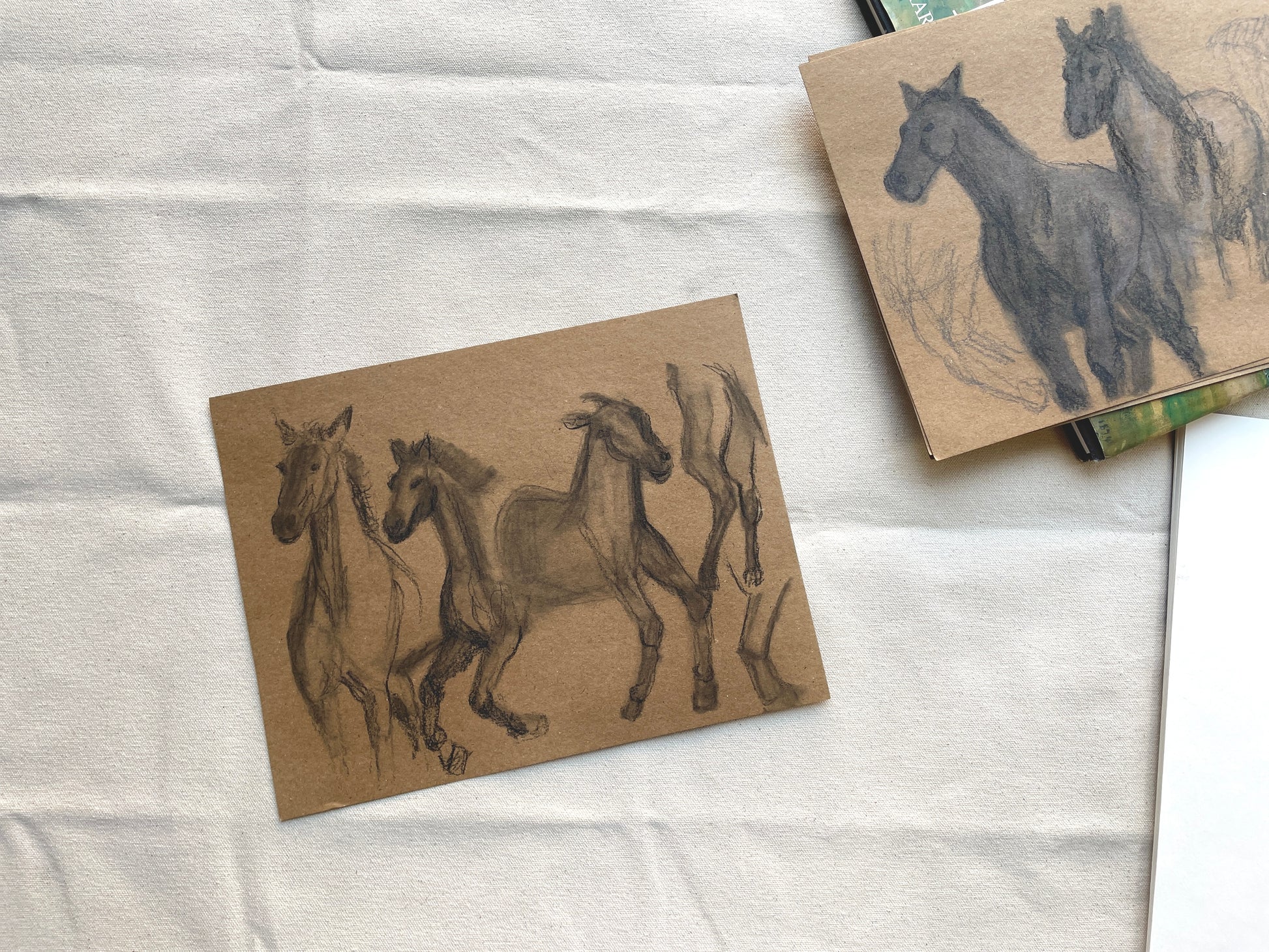 Equestrian artwork in monochrome on rough paper
