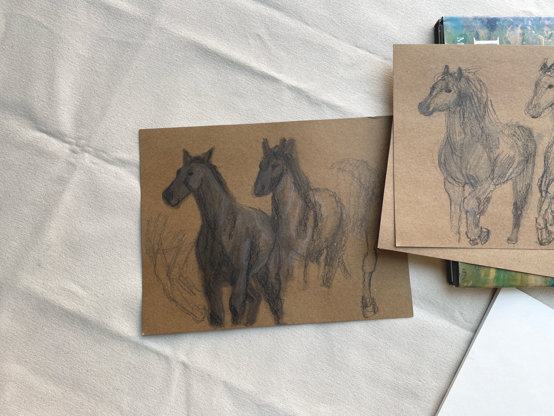 Graphite and Charcoal Horses on Craft Paper
