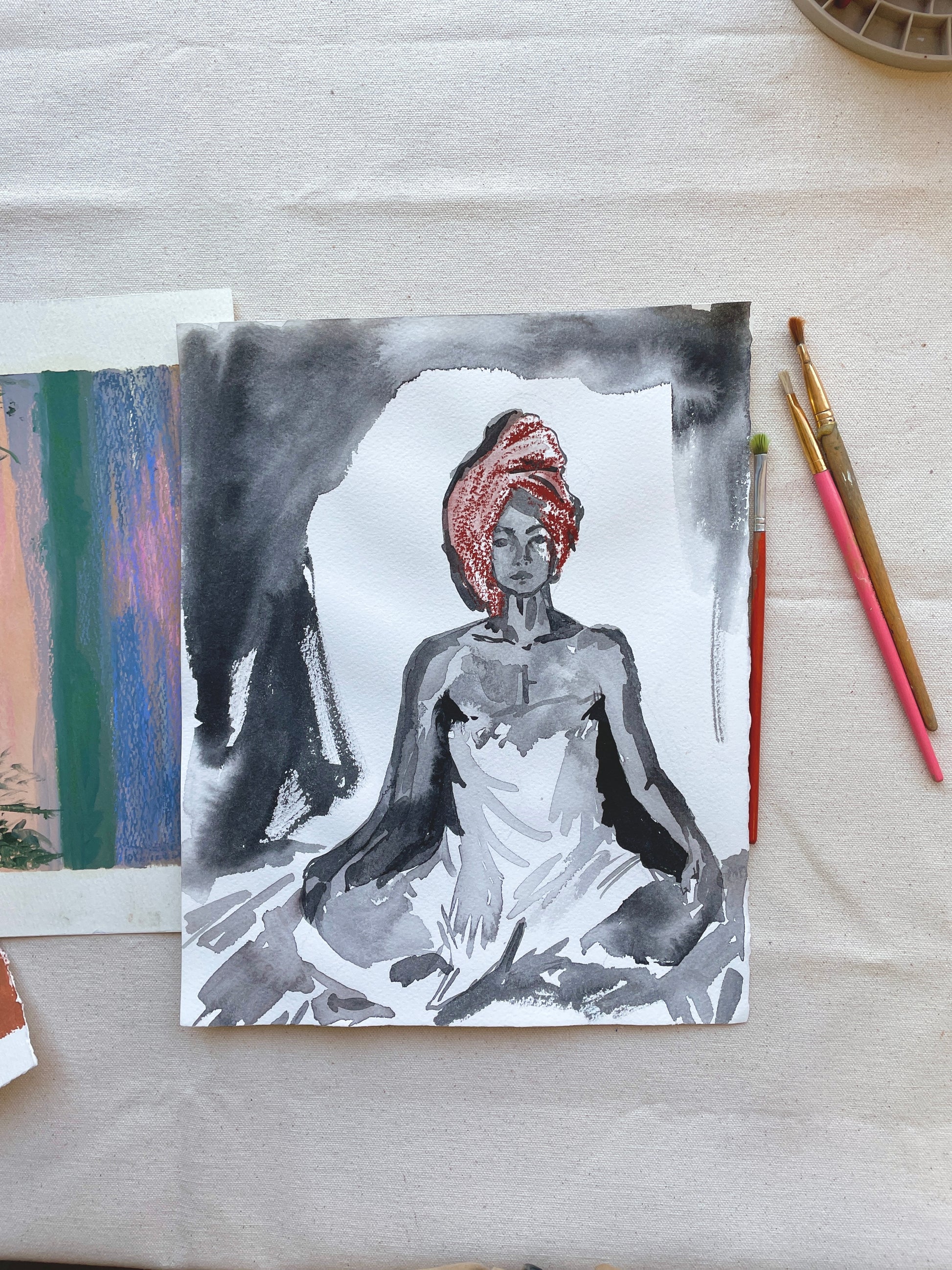 Mixed media painting of woman in towel on watercolor paper