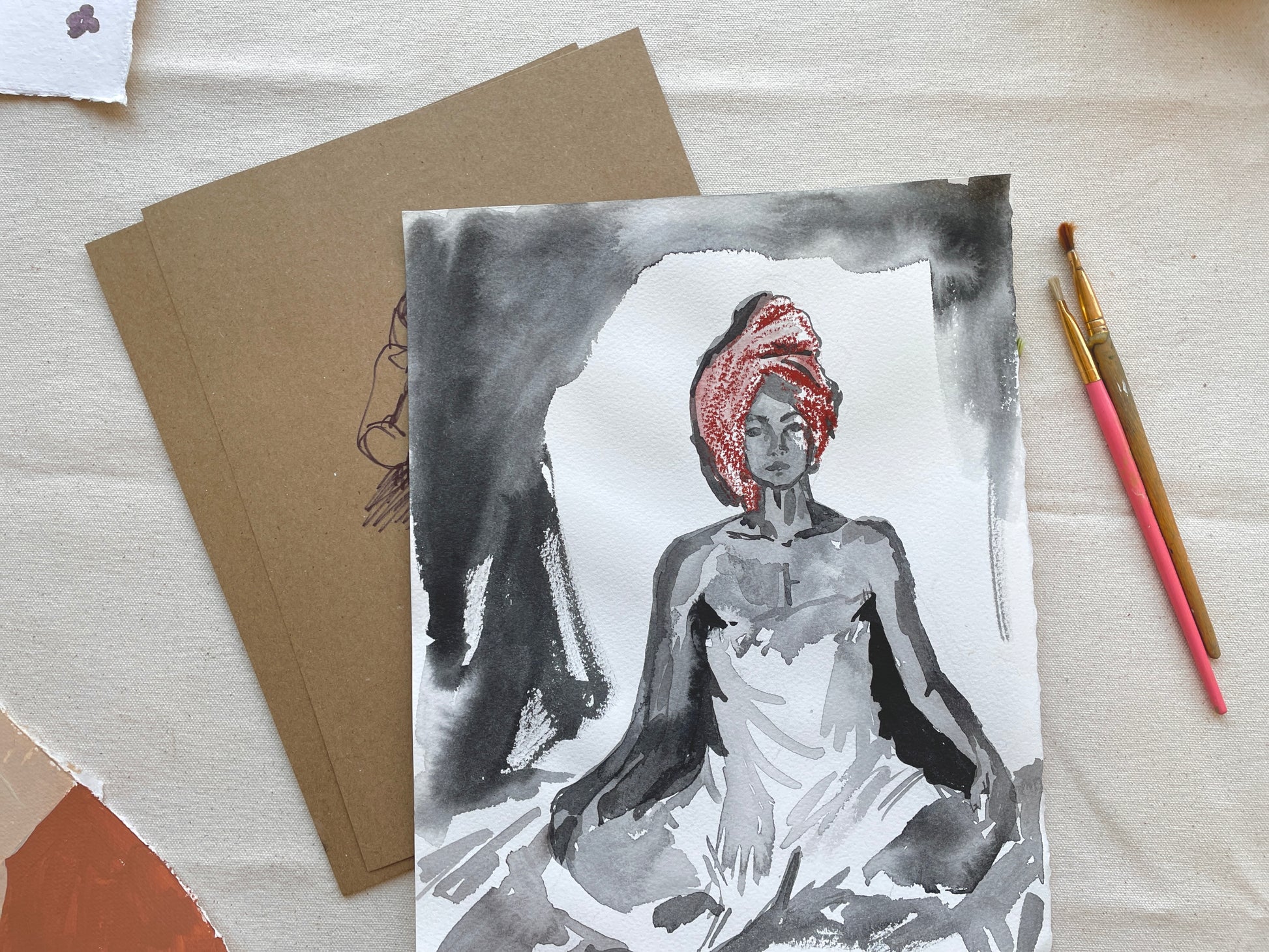 Ink and oil pastel artwork of woman in meditative state on watercolor paper