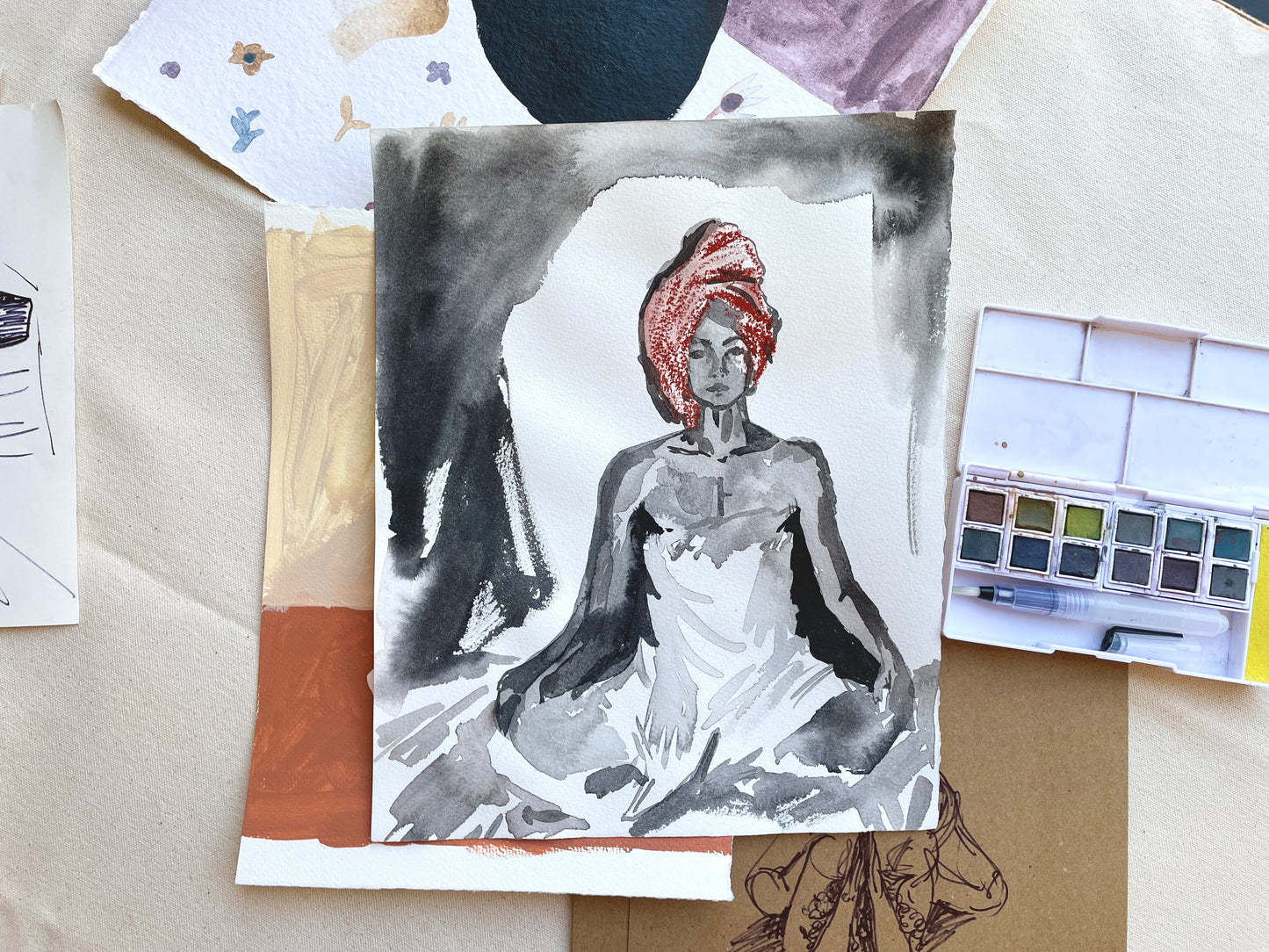 Ink and pastel painting of woman in towel sitting on watercolor paper