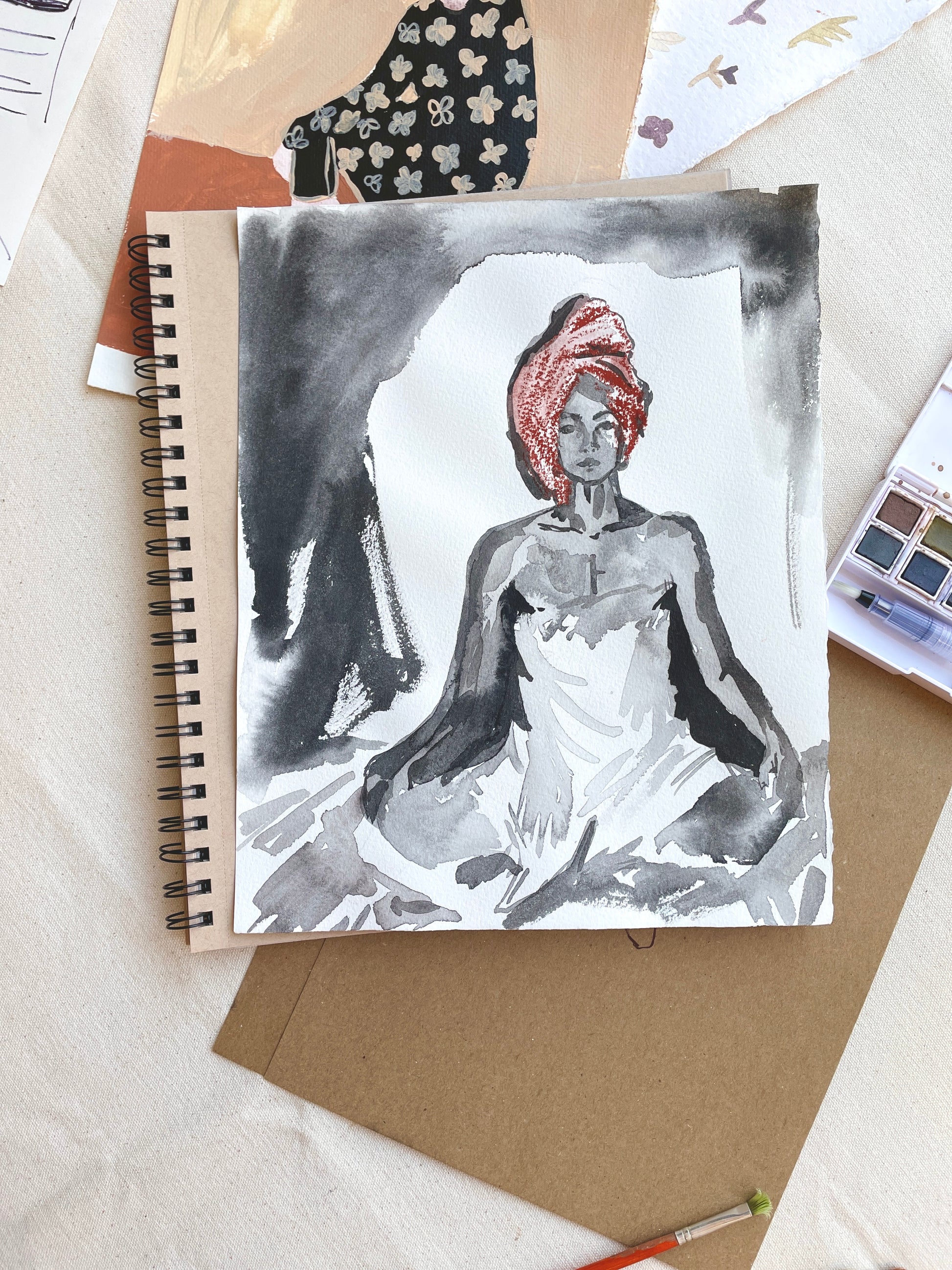 Watercolor mixed media art piece of woman wrapped in towel after shower or bath